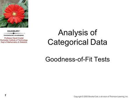 1 Copyright © 2005 Brooks/Cole, a division of Thomson Learning, Inc. Analysis of Categorical Data Goodness-of-Fit Tests.