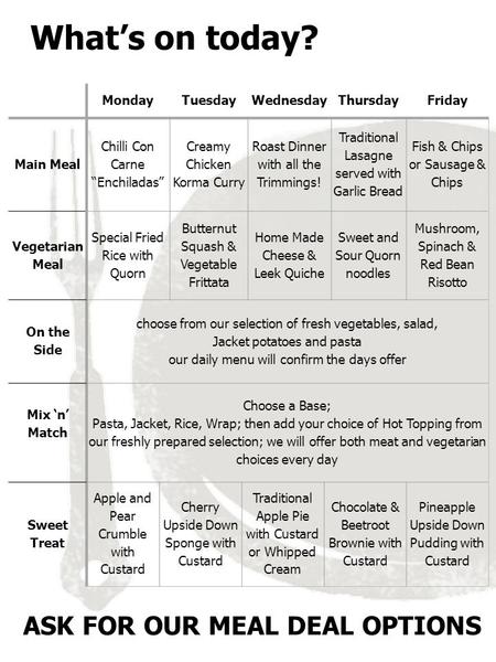 MondayTuesdayWednesdayThursdayFriday Main Meal Chilli Con Carne “Enchiladas” Creamy Chicken Korma Curry Roast Dinner with all the Trimmings! Traditional.