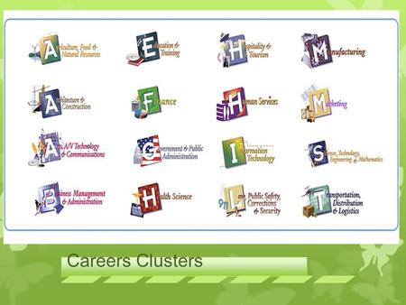 Careers Clusters. 1. Agriculture, Food, and Natural Resources Cluster- 2. Architecture and Construction Cluster- 3. Arts, Audio / Video Technology, and.