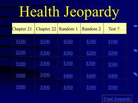 Health Jeopardy Chapter 21Chapter 22Random 1Random 2Test ? $100 $200 $300 $400 $500 $100 $200 $300 $400 $500 Final Jeopardy.