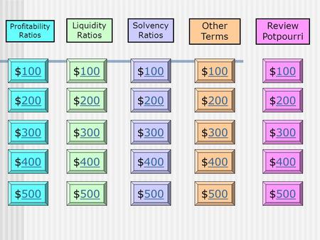 Profitability Ratios Other Terms Review Potpourri $100100$100100$100100 $200200$200200$200200 $300300$300300$300300 $400400$400400$400400 $500500 Solvency.