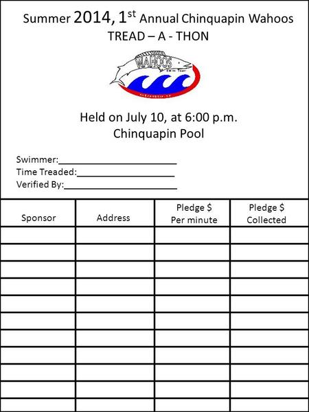 Summer 2014, 1 st Annual Chinquapin Wahoos TREAD – A - THON Held on July 10, at 6:00 p.m. Chinquapin Pool Swimmer:_______________________ Time Treaded:___________________.