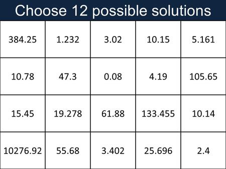 Choose 12 possible solutions 384.251.2323.0210.155.161 10.7847.30.084.19105.65 15.4519.27861.88133.45510.14 10276.9255.683.40225.6962.4.