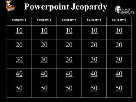 Powerpoint Jeopardy Category 1Category 2Category 3Category 4Category 5 10 20 30 40 50.