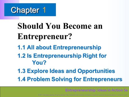 Entrepreneurship: Ideas in Action 5e © 2011 Cengage Learning. All rights reserved. May not be scanned, copied or duplicated, or posted to a publicly accessible.