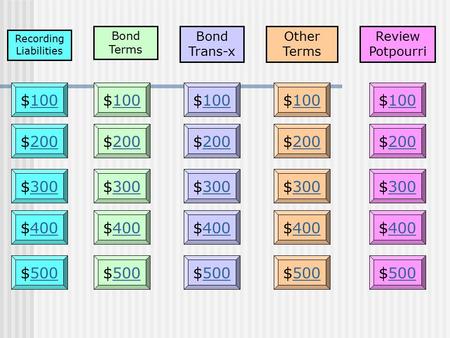 Recording Liabilities Other Terms Review Potpourri $100100$100100$100100 $200200$200200$200200 $300300$300300$300300 $400400$400400$400400 $500500 Bond.