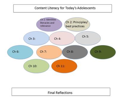 Content Literacy for Today’s Adolescents Final Reflections Ch 1: Identities literacies and relevance Ch 2: Principles/ best practices Ch 6:Ch 7:Ch 8:Ch.