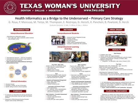 Health Informatics as a Bridge to the Underserved – Primary Care Strategy G. Roux, P. Mancuso, M. Tietze, M. Thompson, E. Restrepo, G. Hersch, K. Pancheri,