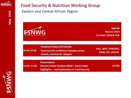 May 2014 Food Security & Nutrition Working Group Eastern and Central African Region Agenda May 22, 2014 Co-Chair: IGAD & FAO 09:30-10:30 Situation Analysis.