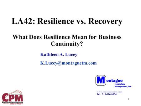 1 LA42: Resilience vs. Recovery What Does Resilience Mean for Business Continuity? Kathleen A. Lucey  Tel: 516-676-9234.