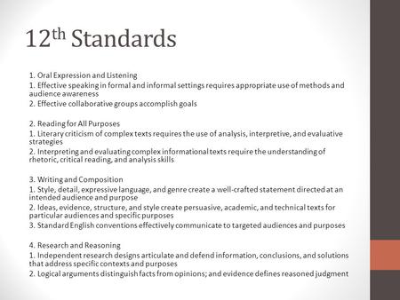 12th Standards 1. Oral Expression and Listening 1. Effective speaking in formal and informal settings requires appropriate use of methods and audience.