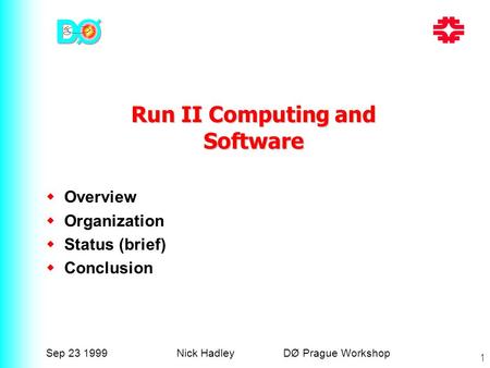 Sep 23 1999Nick Hadley DØ Prague Workshop 1  Overview  Organization  Status (brief)  Conclusion Run II Computing and Software.