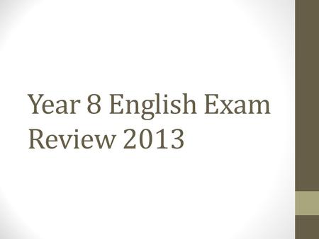 Year 8 English Exam Review 2013. Spelling Rules… 1. Using I Before E Use i before e, except after c, or when sounded as a as in neighbour and weigh.