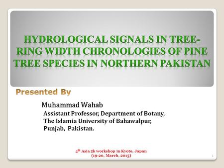 Muhammad Wahab Assistant Professor, Department of Botany, The Islamia University of Bahawalpur, Punjab, Pakistan. 4 th Asia 2k workshop in Kyoto, Japan.