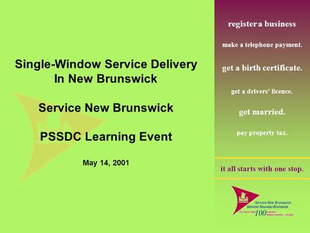 Register a business make a telephone payment. get a drivers’ licence. get a birth certificate. get married. pay property tax. it all starts with one stop.