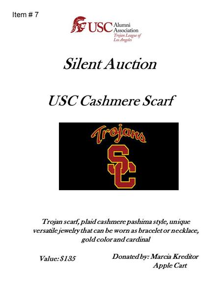 Silent Auction USC Cashmere Scarf Trojan scarf, plaid cashmere pashima style, unique versatile jewelry that can be worn as bracelet or necklace, gold color.