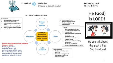 El Shaddai Ministries January 24, 2015 Welcome to Sabbath Service! Shevat 4, 5775 1 He (God) is LORD!