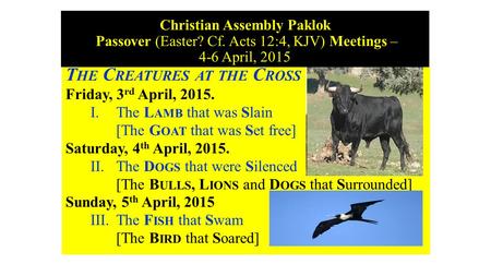 Christian Assembly Paklok Passover (Easter? Cf. Acts 12:4, KJV) Meetings – 4-6 April, 2015 T HE C REATURES AT THE C ROSS Friday, 3 rd April, 2015. I. The.