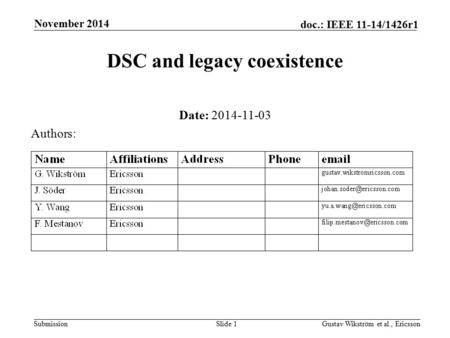 Submission doc.: IEEE 11-14/1426r1 November 2014 Gustav Wikström et al., EricssonSlide 1 DSC and legacy coexistence Date: 2014-11-03 Authors: