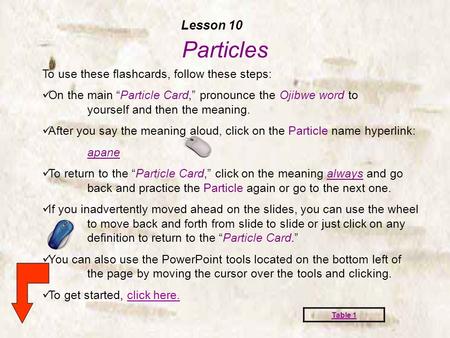 Particles To use these flashcards, follow these steps: On the main “Particle Card,” pronounce the Ojibwe word to yourself and then the meaning. After you.