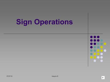 Sign Operations 07/27/12lntaylor ©. Table of Contents Learning Objectives Signs and symbols mean different things Memorizing Opposite symbols Practice.