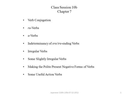 Verb Conjugation ru-Verbs u-Verbs Indeterminancy of eru/iru-ending Verbs Irregular Verbs Some Slightly Irregular Verbs Making the Polite Present Negative.