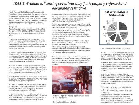 Thesis: Graduated licensing saves lives only if it is properly enforced and adequately restrictive. Consequently, studies recommend that, “Parents should.