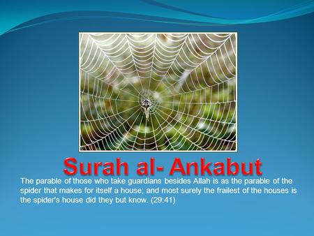 The parable of those who take guardians besides Allah is as the parable of the spider that makes for itself a house; and most surely the frailest of the.