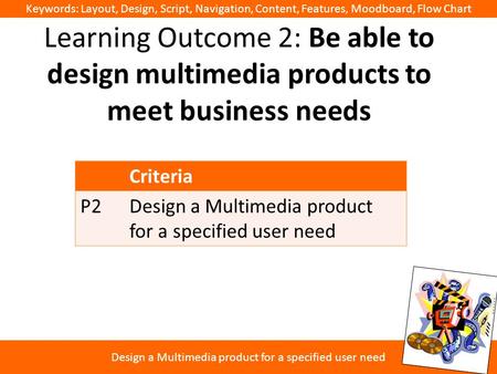 Keywords: Layout, Design, Script, Navigation, Content, Features, Moodboard, Flow Chart Design a Multimedia product for a specified user need Learning Outcome.