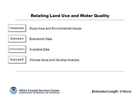 Estimated Length: 2 Hours Introduction Study Area and Environmental Issues Relating Land Use and Water Quality Exercise A Brainstorm Data Exercise B Choose.