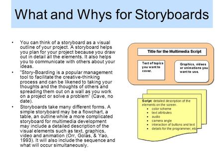 What and Whys for Storyboards You can think of a storyboard as a visual outline of your project. A storyboard helps you plan for your project because you.