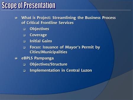  What is Project: Streamlining the Business Process of Critical Frontline Services  Objectives  Coverage  Initial Gains  Focus: Issuance of Mayor’s.