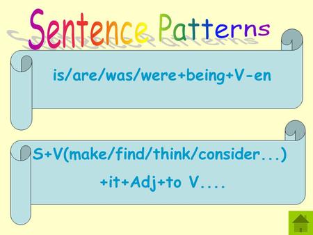 is/are/was/were+being+V-en S+V(make/find/think/consider...) +it+Adj+to V....