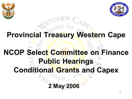 1 Provincial Treasury Western Cape NCOP Select Committee on Finance Public Hearings Conditional Grants and Capex 2 May 2006.