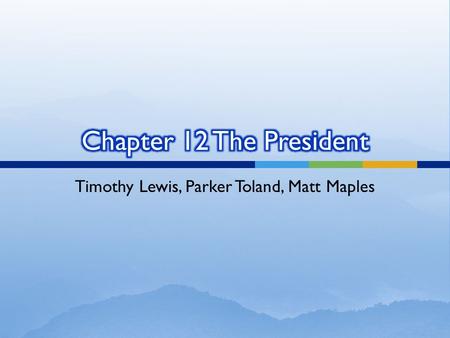 Timothy Lewis, Parker Toland, Matt Maples.  Most common profession is a lawyer  Usually has experience being VP, congressmen, or state governor  Requirements-