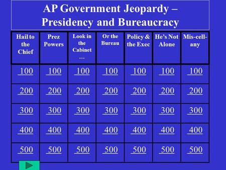 Hail to the Chief Prez Powers Look in the Cabinet … Or the Bureau Policy & the Exec He’s Not Alone Mis-cell- any 100 200 200 300 400 500 AP Government.