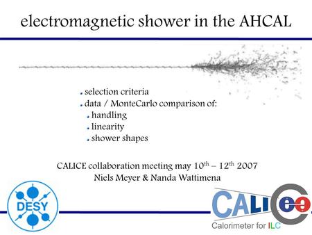 Electromagnetic shower in the AHCAL selection criteria data / MonteCarlo comparison of: handling linearity shower shapes CALICE collaboration meeting may.