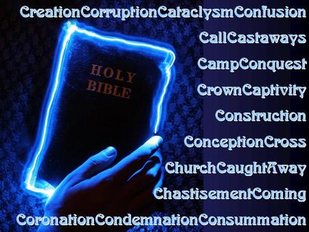 CreationCorruptionCataclysmConfusion CallCastaways CampConquestCrownCaptivityConstructionConceptionCrossChurchCaughtAwayChastisementComingCoronationCondemnationConsummation.