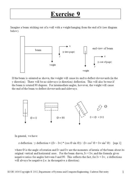 ECOR 1606 Copyright © 2002, Department of Systems and Computer Engineering, Carleton University 1 Exercise 9 Imagine a beam sticking out of a wall with.