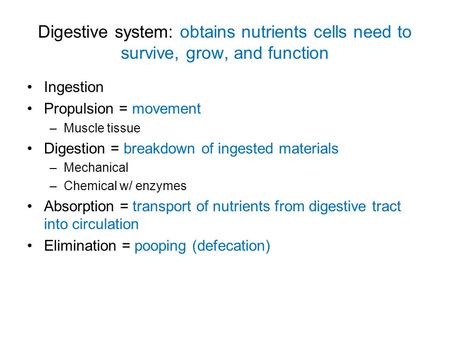 Ingestion Propulsion = movement Muscle tissue