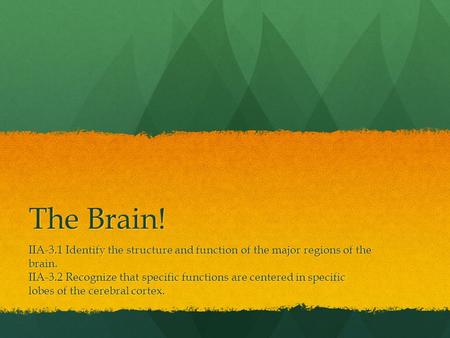 The Brain! IIA-3.1 Identify the structure and function of the major regions of the brain. IIA-3.2 Recognize that specific functions are centered in specific.