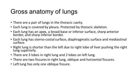 Gross anatomy of lungs There are a pair of lungs in the thoracic cavity. Each lung is covered by pleura. Protected by thoracic skeleton. Each lung has.