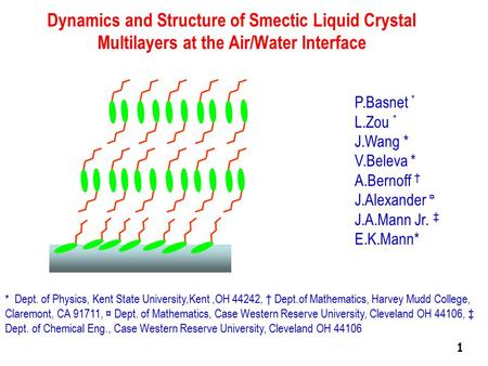 Dynamics and Structure of Smectic Liquid Crystal Multilayers at the Air/Water Interface P.Basnet * L.Zou * J.Wang * V.Beleva * A.Bernoff † J.Alexander.