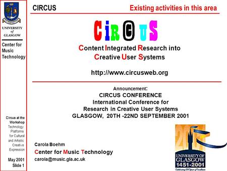 Center for Music Technology Circus at the Workshop Technology Platforms for Cultural and Artistic Creative Expression May 2001 Slide 1 C ontent I ntegrated.