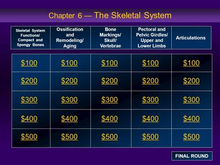 Chapter 6 — The Skeletal System $100 $200 $300 $400 $500 $100$100$100 $200 $300 $400 $500 Skeletal System Functions/ Compact and Spongy Bones Ossification.