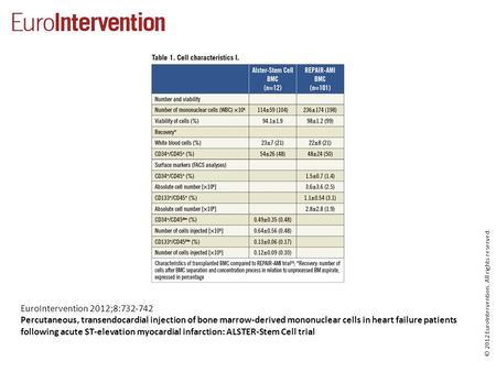 © 2012 EuroIntervention. All rights reserved. EuroIntervention 2012;8:732-742 Percutaneous, transendocardial injection of bone marrow-derived mononuclear.