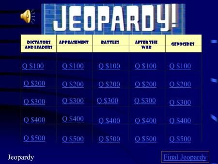 Dictators and Leaders Q $100 Q $200 Q $300 Q $400 Q $500 Q $100 Q $200 Q $300 Q $400 Q $500 Final Jeopardy AppeasementBattlesAfter the War Genocides Jeopardy.