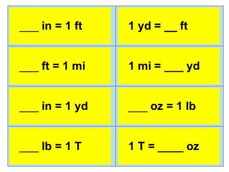 12 in = 1 ft 5,280 ft = 1 mi 36 in = 1 yd 1 yd = 3 ft 1 mi = 1,760 yd