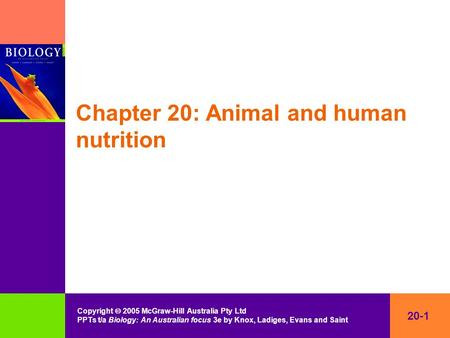 20-1 Copyright  2005 McGraw-Hill Australia Pty Ltd PPTs t/a Biology: An Australian focus 3e by Knox, Ladiges, Evans and Saint Chapter 20: Animal and human.