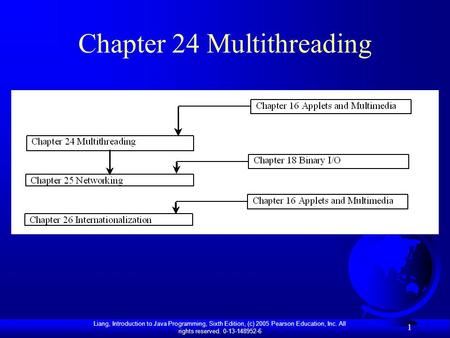 Liang, Introduction to Java Programming, Sixth Edition, (c) 2005 Pearson Education, Inc. All rights reserved. 0-13-148952-6 1 Chapter 24 Multithreading.